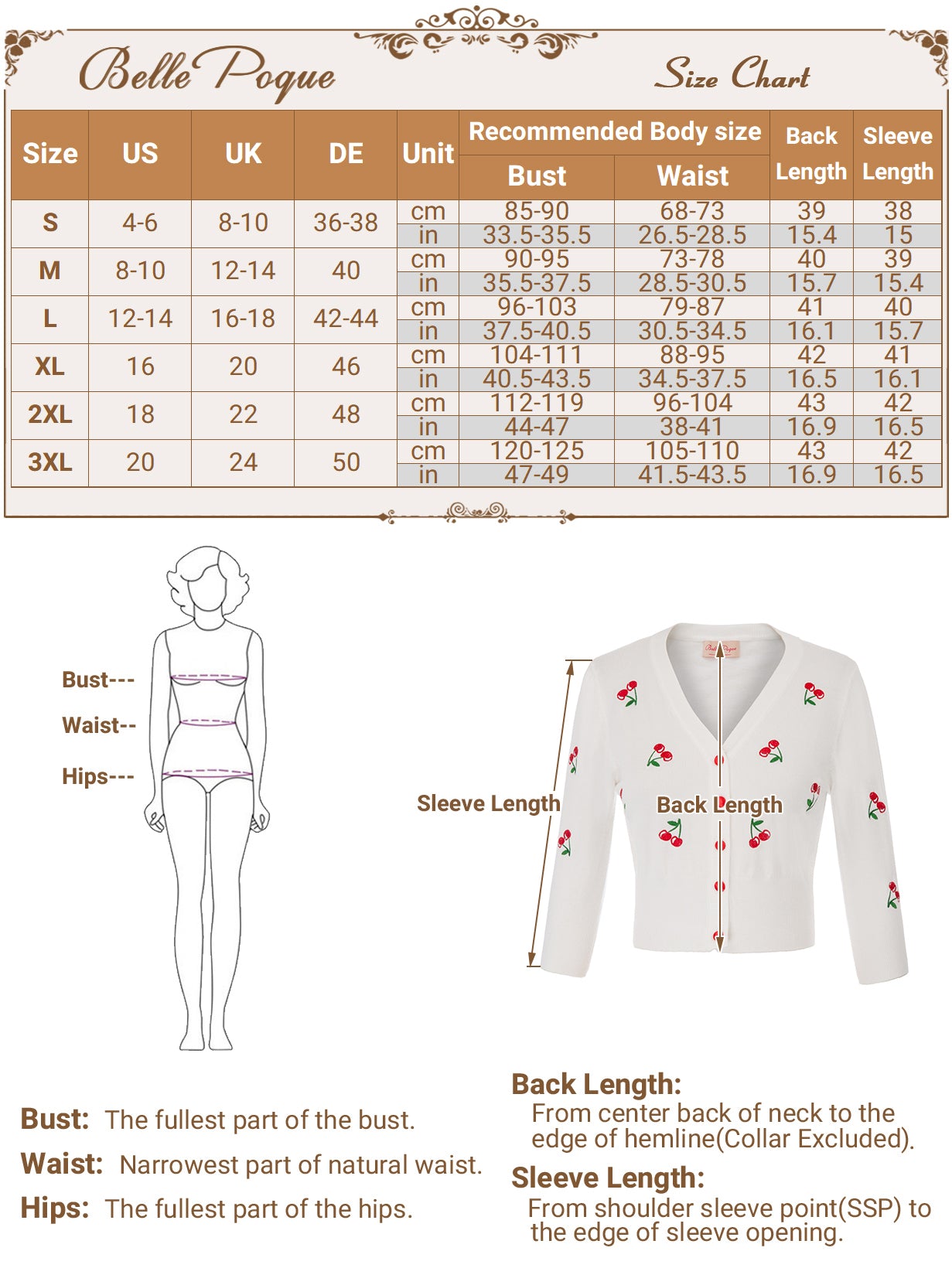 belle poque Women's 3/4 Sleeve Button Down Cherries Embroidery Cropped Cardigan Sweater Coat