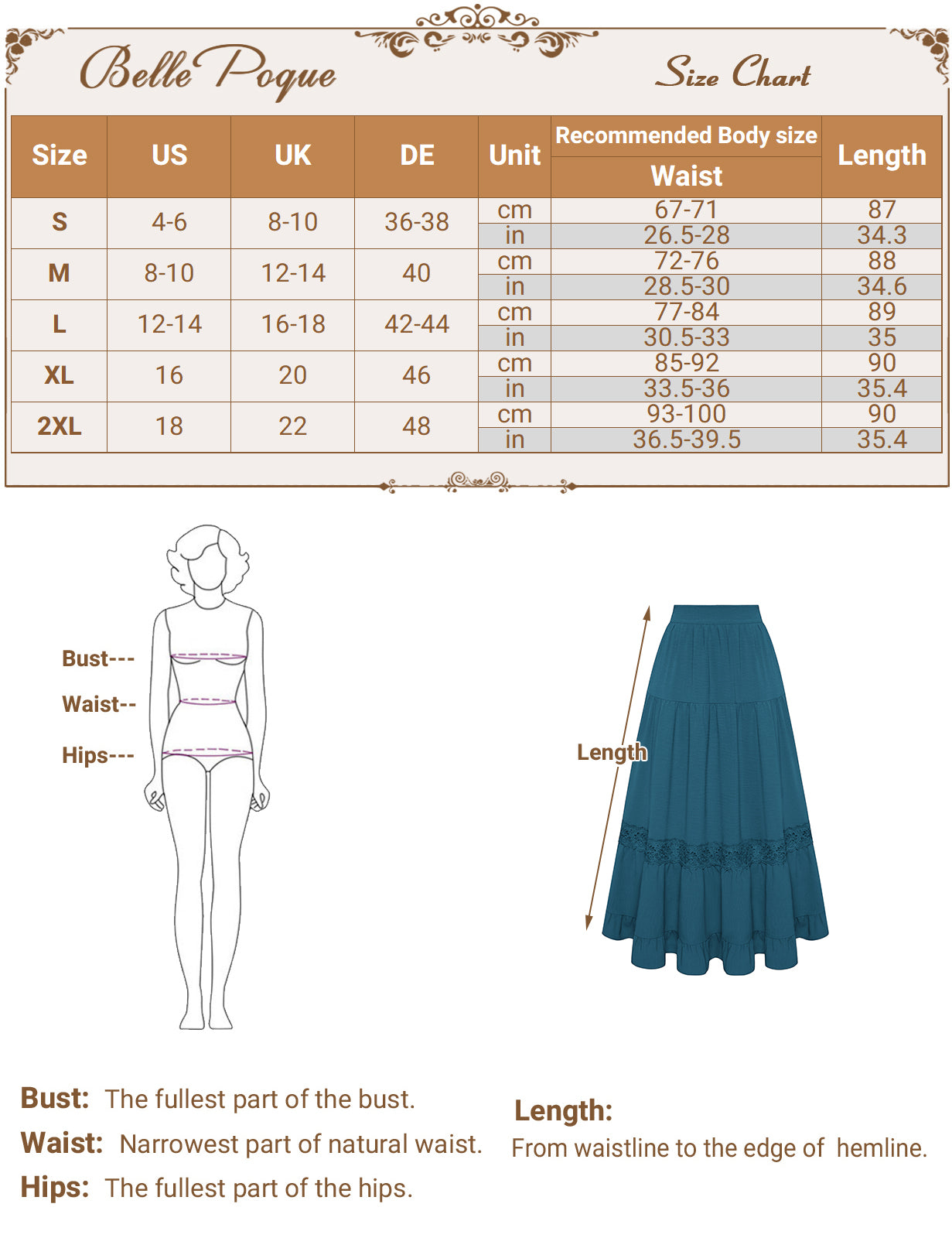 belle poque Women Vintage Tiered Swing Skirt Elastic Waist Ruffled Hem Mid-Calf Skirt