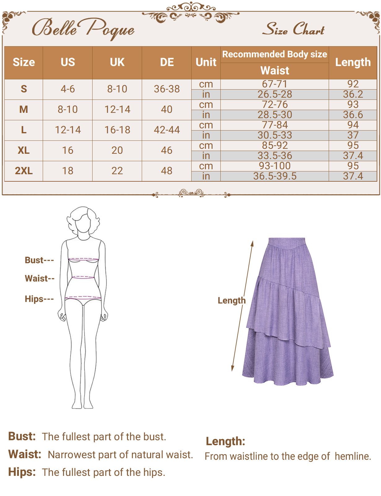 belle poque Vintage Vocation Skirts for Women Tiered Long Skirts Ruffle Skirt with Pockets