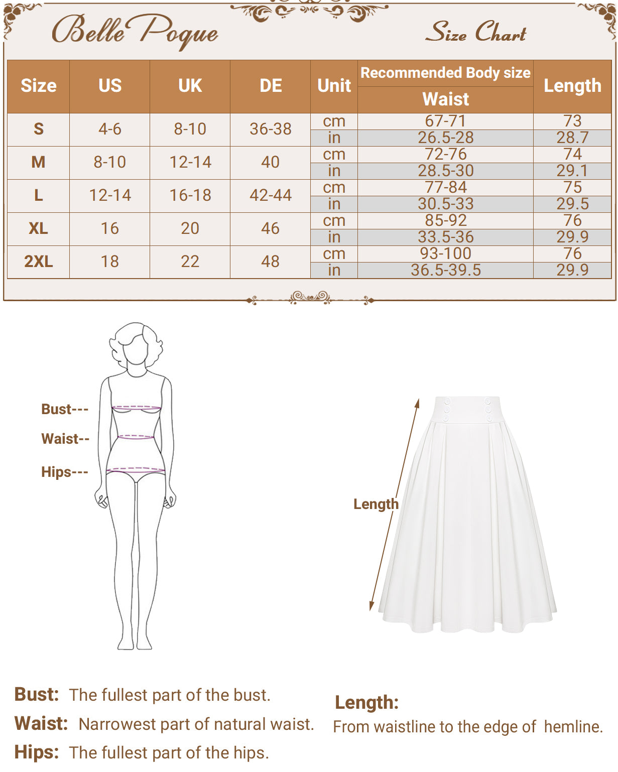 belle poque BP Women Vintage Swing Skirt Elastic Waist Button Decorated Flared A-Line Skirt