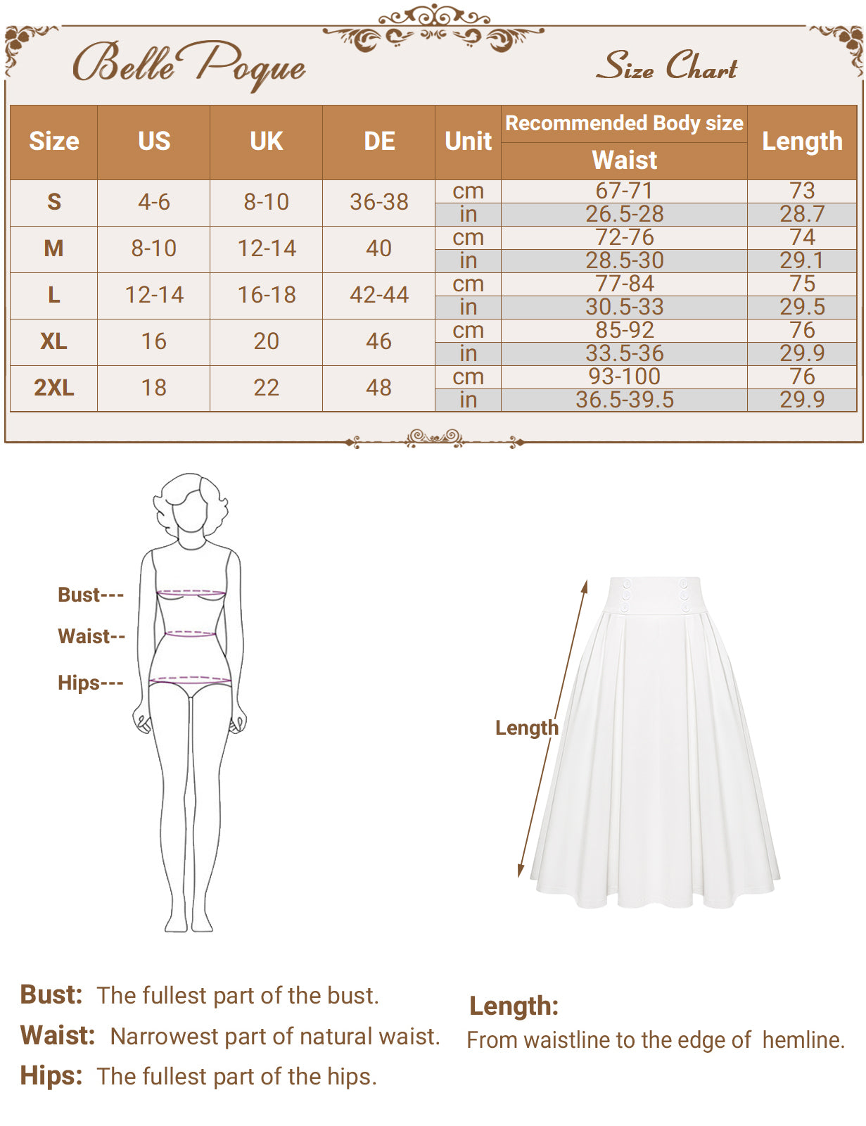 belle poque BP Women Vintage Swing Skirt Elastic Waist Button Decorated Flared A-Line Skirt