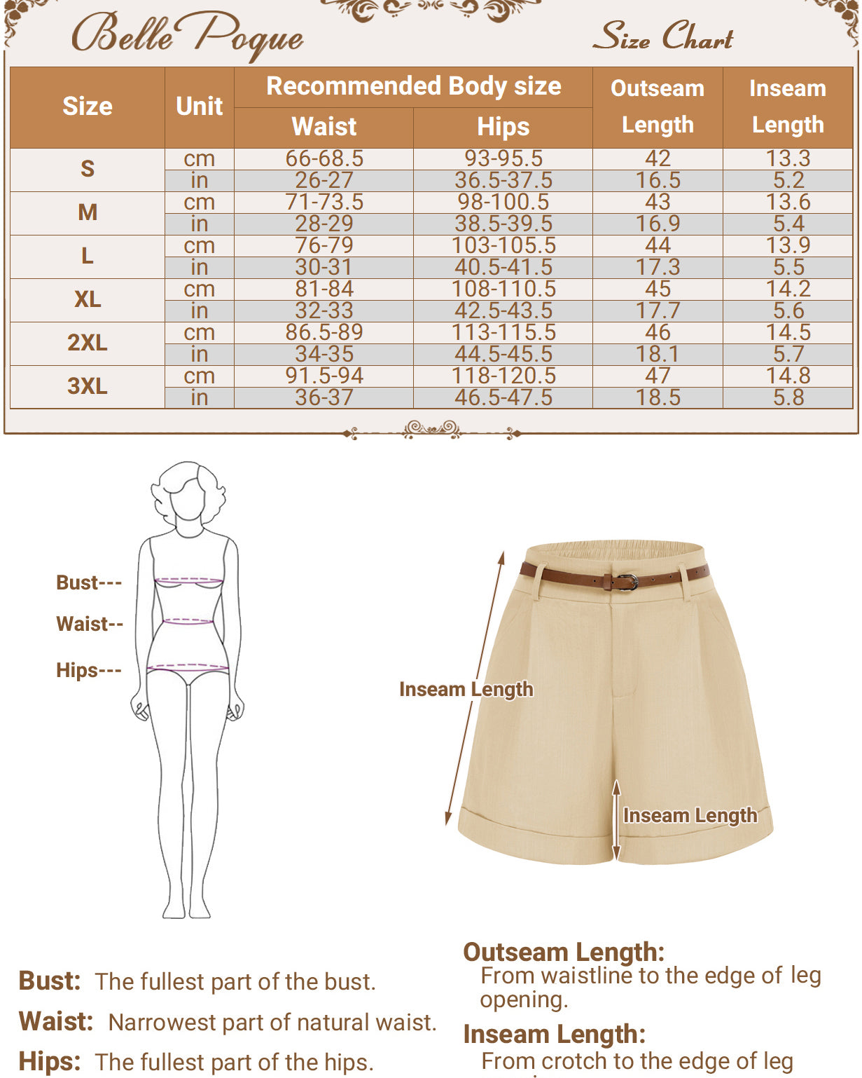 belle poque Elastic Waist Fold-up Leg Opening Cotton Shorts with Belt