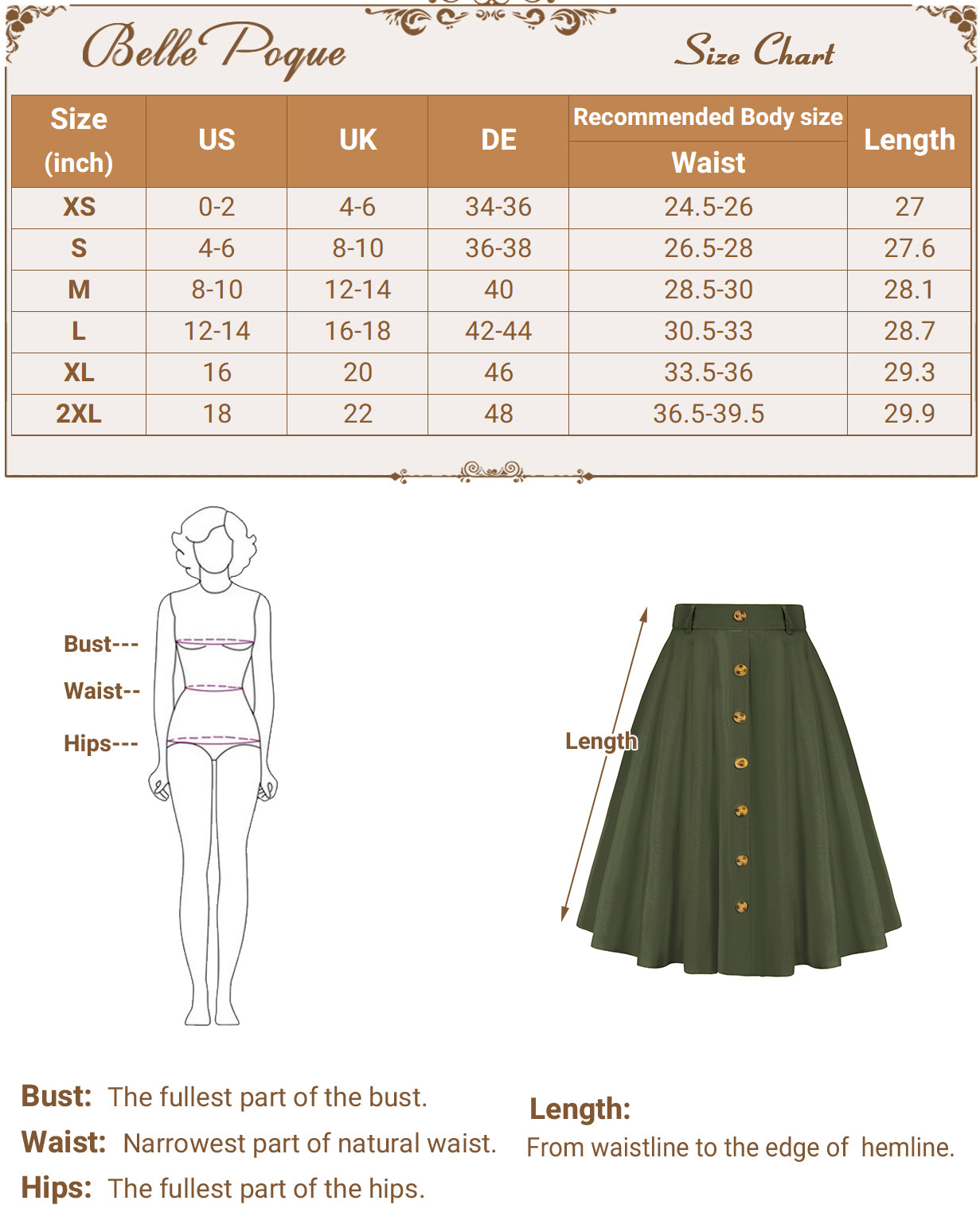 belle poque Swing Skirt with Belt Elastic High Waist Buttons Decorated Skirt