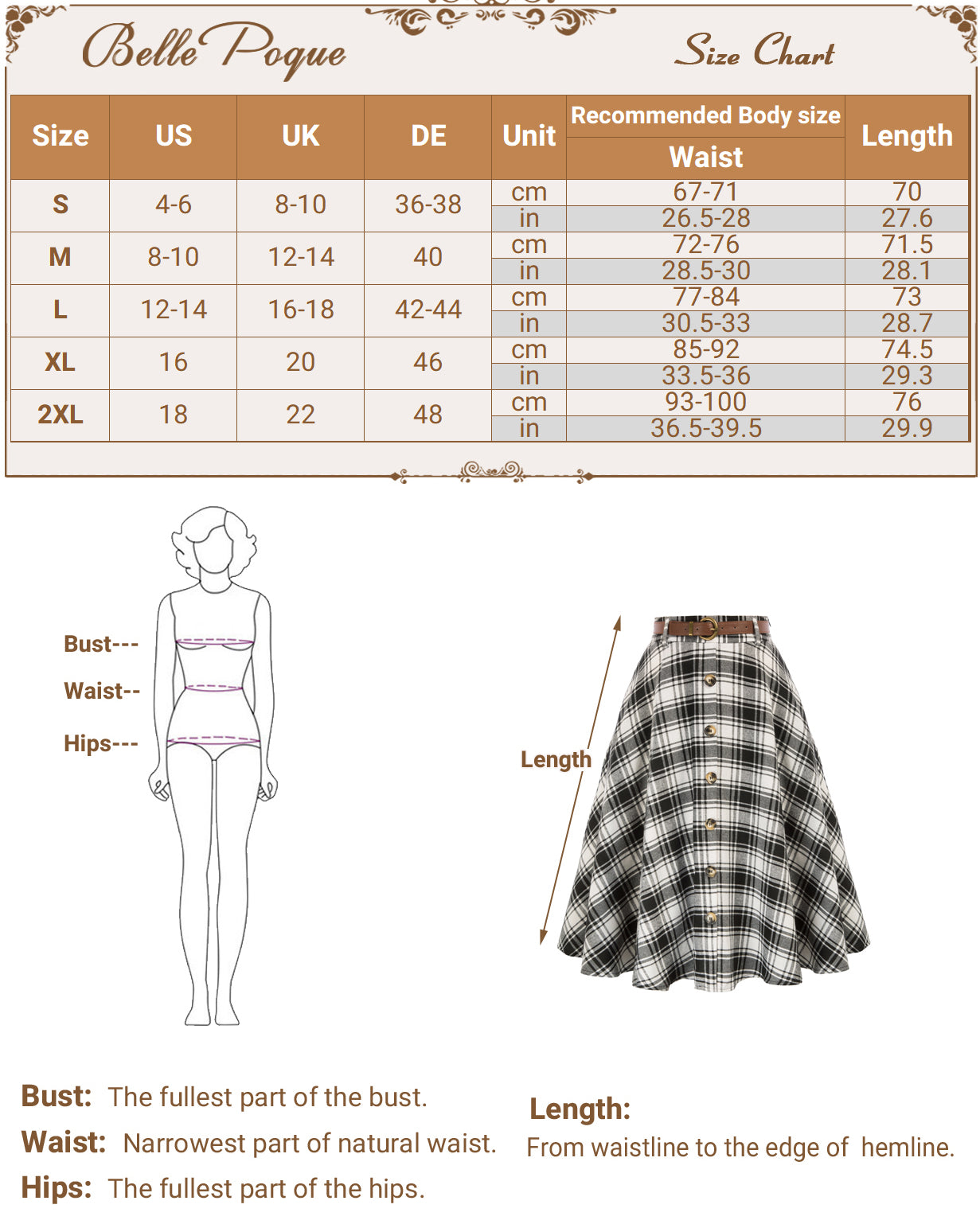 belle poque Swing Plaid Skirt with Belt Elastic High Waist Buttons Decorated Skirt