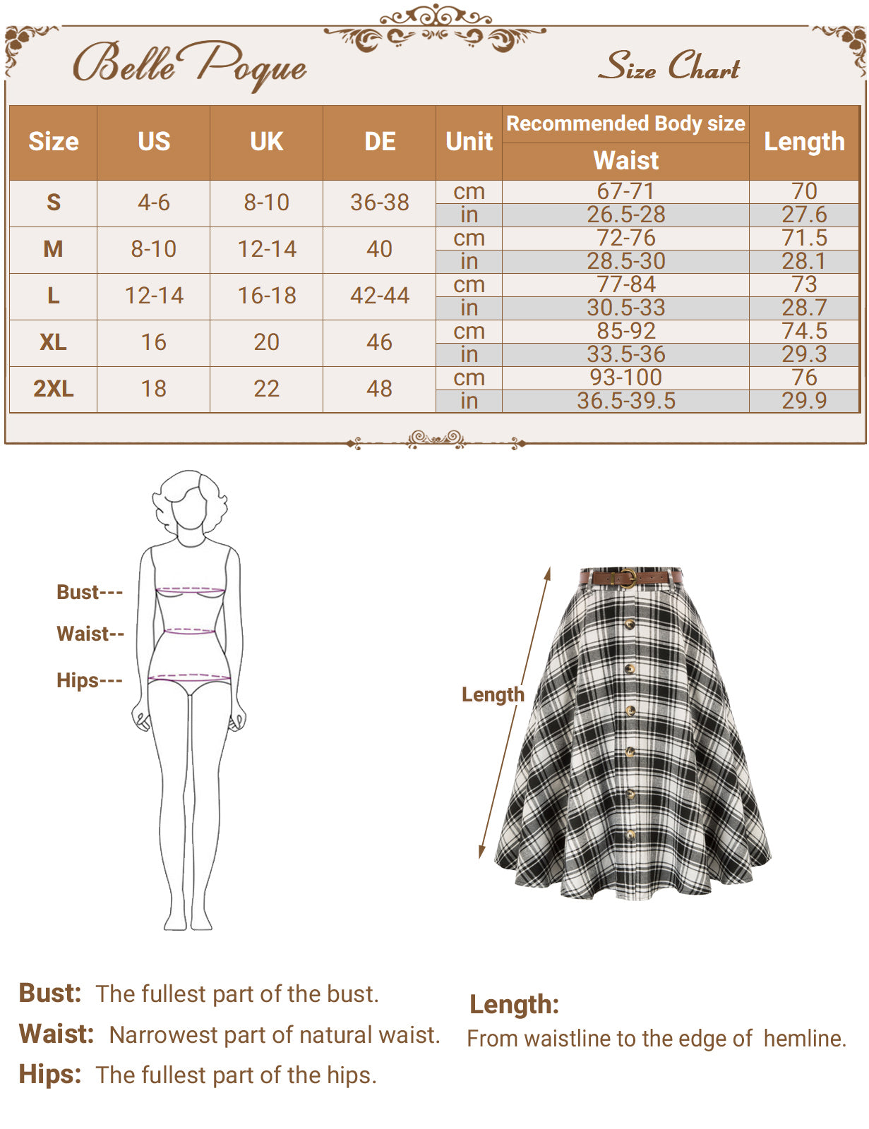 belle poque Swing Plaid Skirt with Belt Elastic High Waist Buttons Decorated Skirt