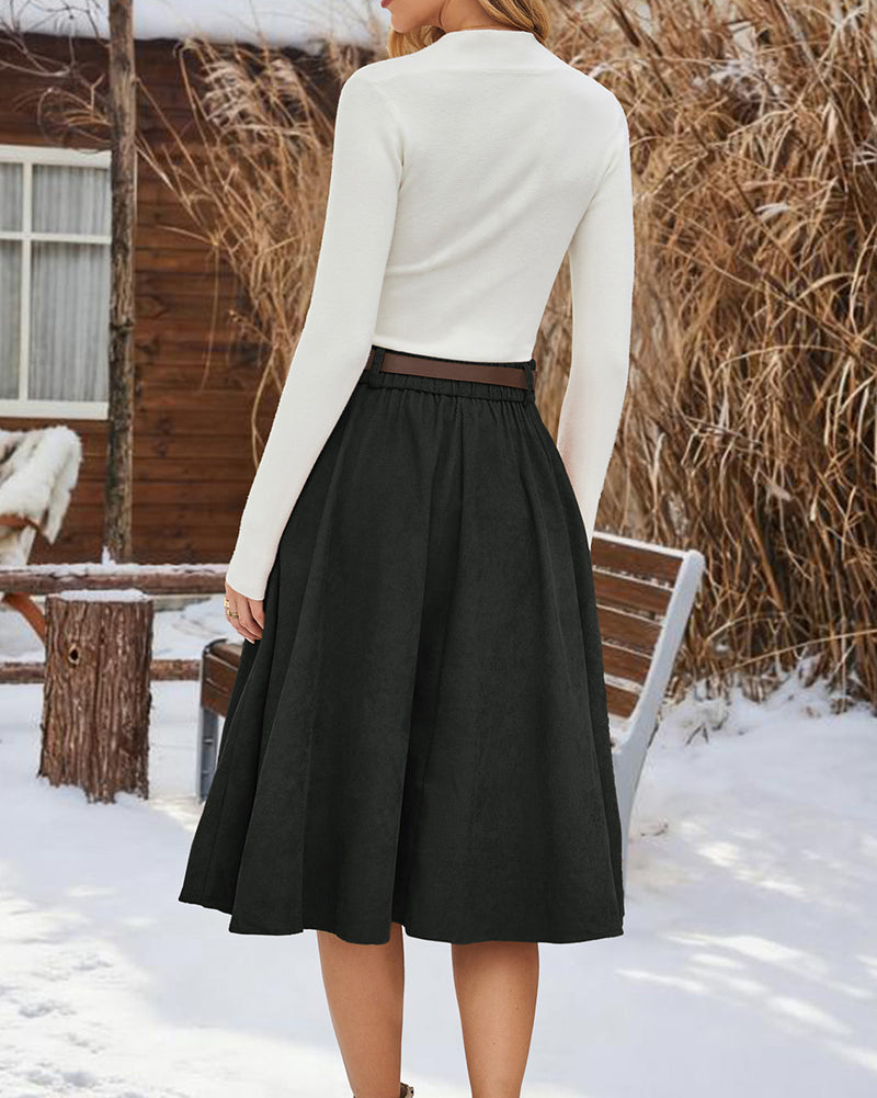 belle poque Corduroy Skirt with Belt Elastic High Waist Mid-Calf Swing Skirt