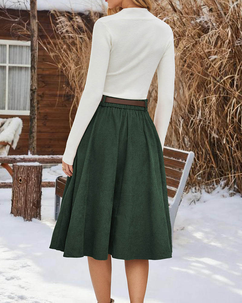 belle poque Corduroy Skirt with Belt Elastic High Waist Mid-Calf Swing Skirt