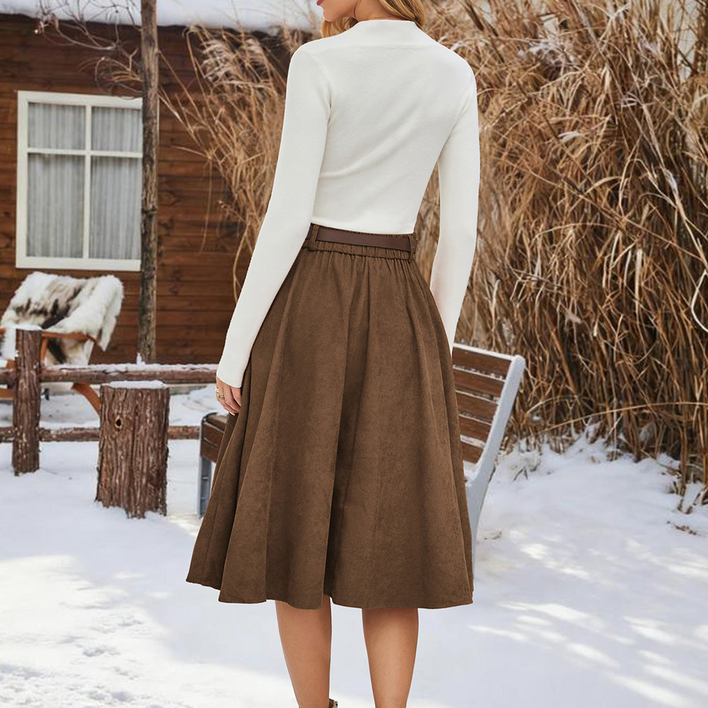 belle poque Corduroy Skirt with Belt Elastic High Waist Mid-Calf Swing Skirt