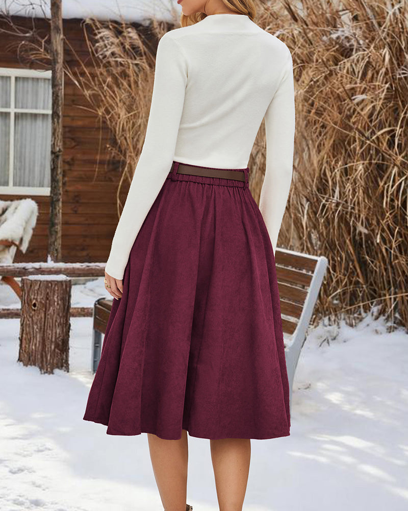 belle poque Corduroy Skirt with Belt Elastic High Waist Mid-Calf Swing Skirt