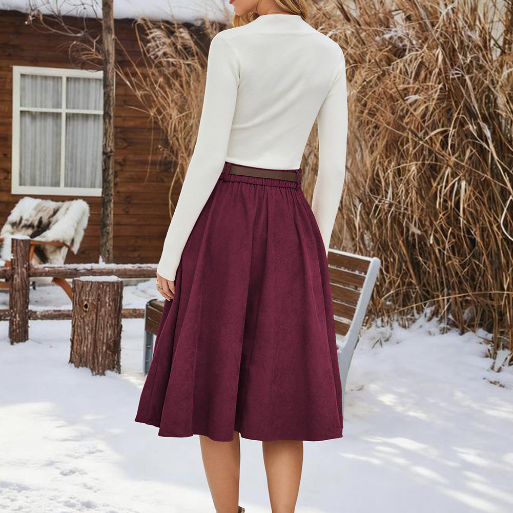 belle poque Corduroy Skirt with Belt Elastic High Waist Mid-Calf Swing Skirt