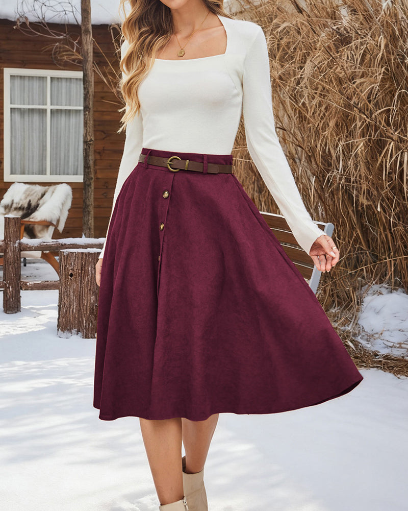 belle poque Corduroy Skirt with Belt Elastic High Waist Mid-Calf Swing Skirt