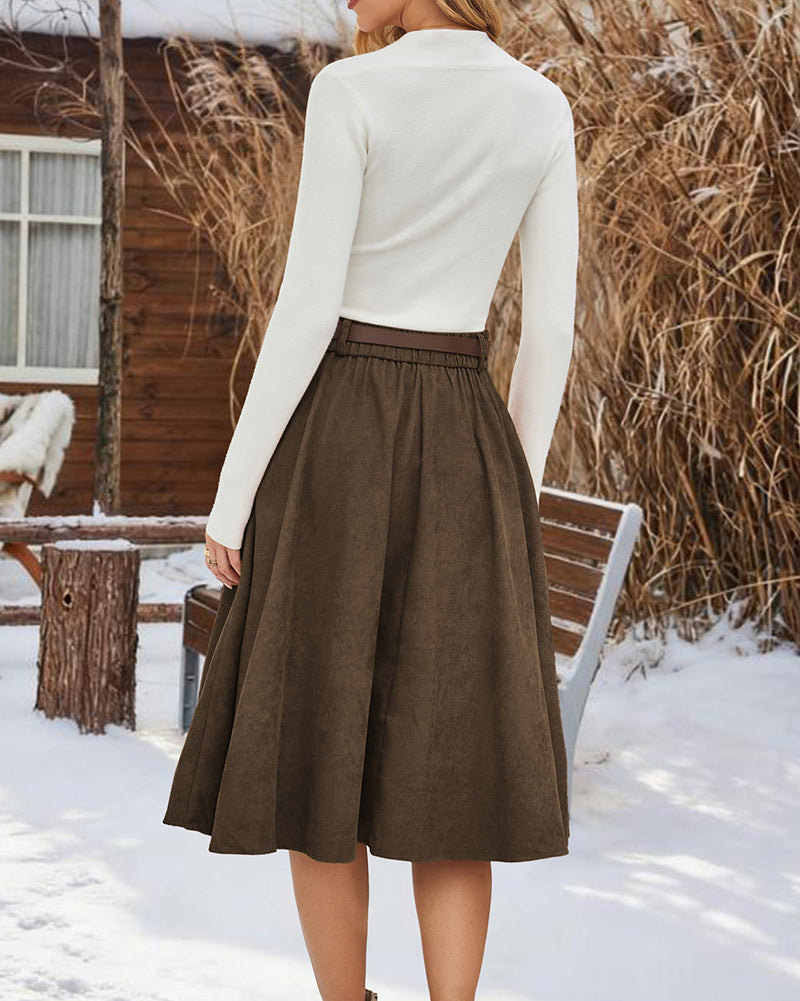 belle poque Corduroy Skirt with Belt Elastic High Waist Mid-Calf Swing Skirt