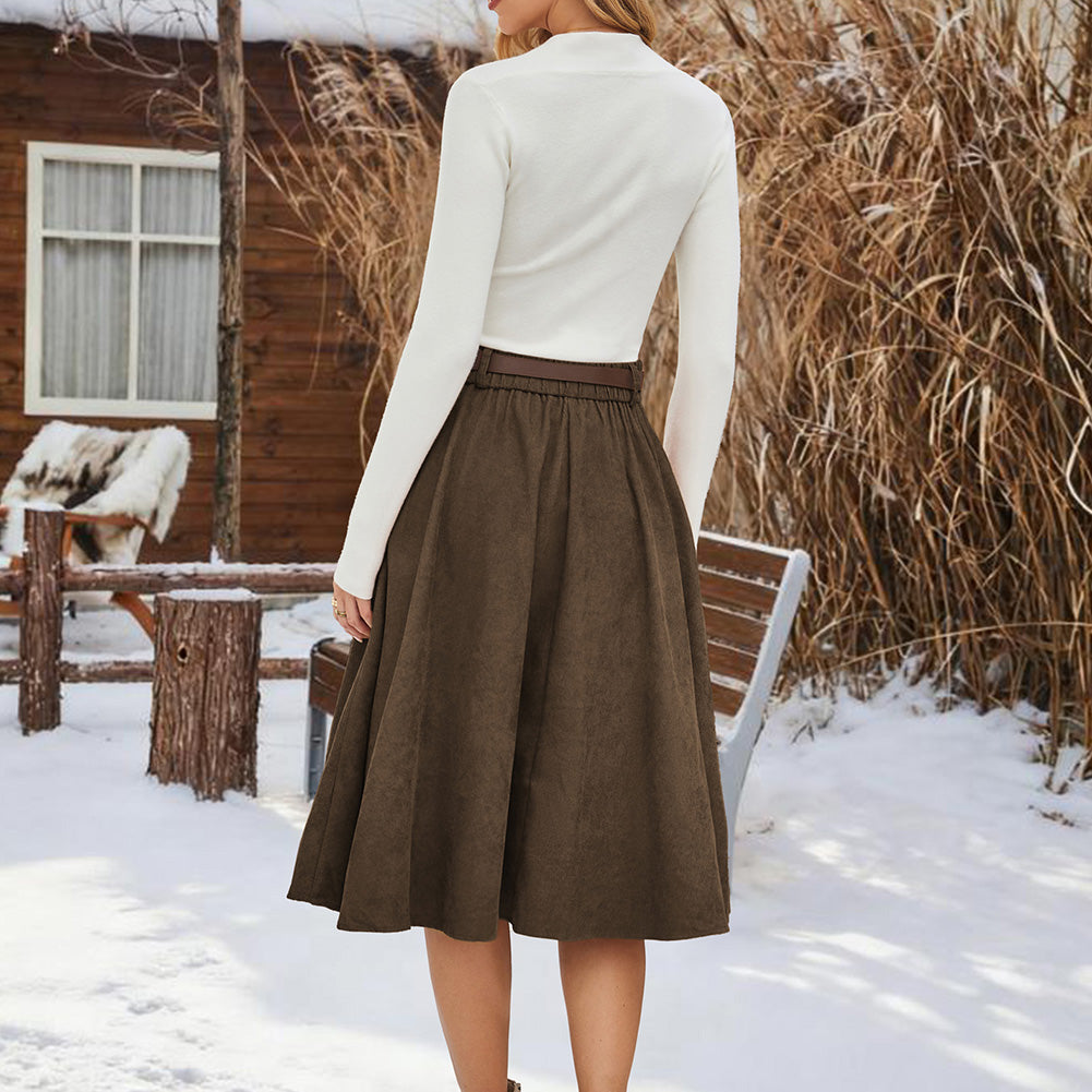 belle poque Corduroy Skirt with Belt Elastic High Waist Mid-Calf Swing Skirt