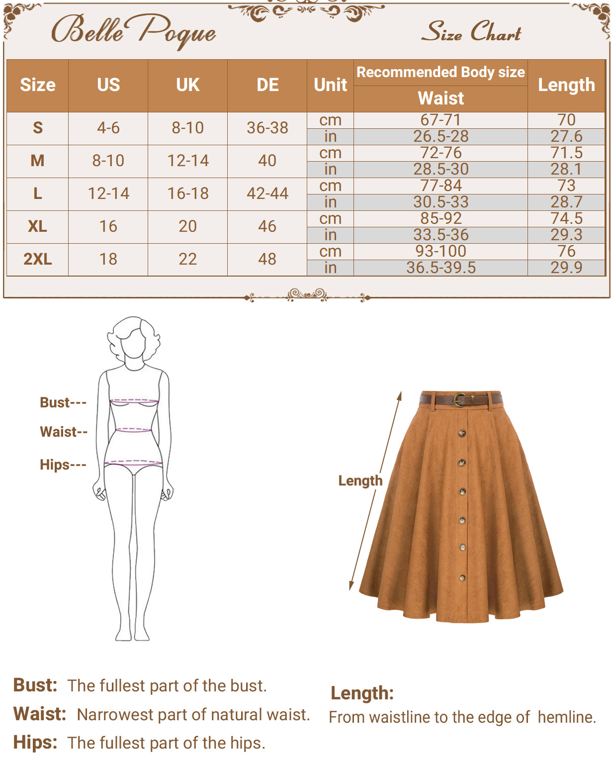 belle poque Corduroy Skirt with Belt Elastic High Waist Mid-Calf Swing Skirt