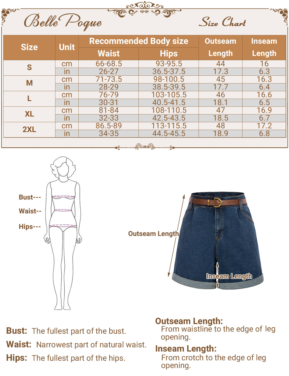 belle poque Bermuda Shorts Elastic Waist Wide Leg Shorts with Pockets & Belts