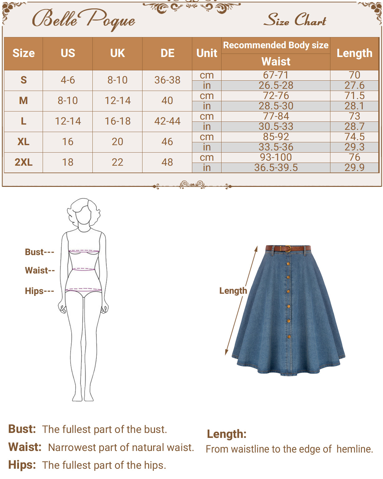belle poque Jean Skirt with Belt Elastic High Waist A-Line Midi Skirt