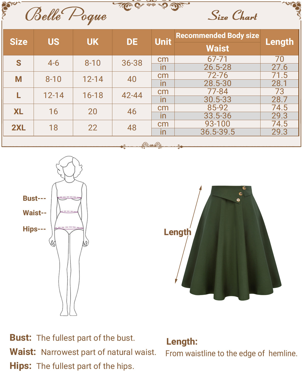 belle poque Vintage A-Line Skirt High Waisted Midi Skirt with Pockets & Buttons