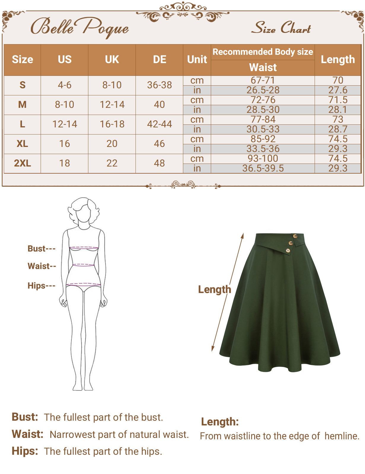 belle poque Vintage A-Line Skirt High Waisted Midi Skirt with Pockets & Buttons