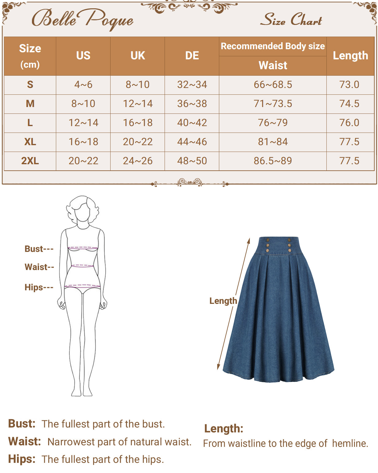 belle poque Swing Jean Skirt Elastic High Waist Buttons Decorated Skirt