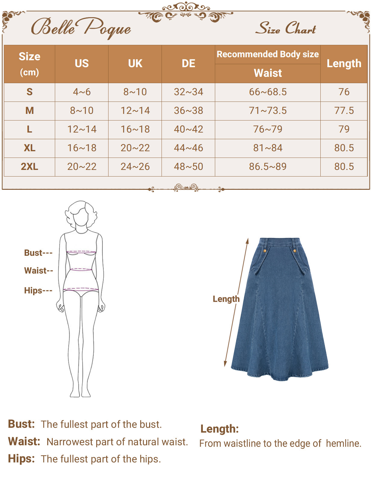 belle poque Denim Skirts Knee Length Vintage Elastic High Waist A-Line Midi Jean Skirts with Pockets