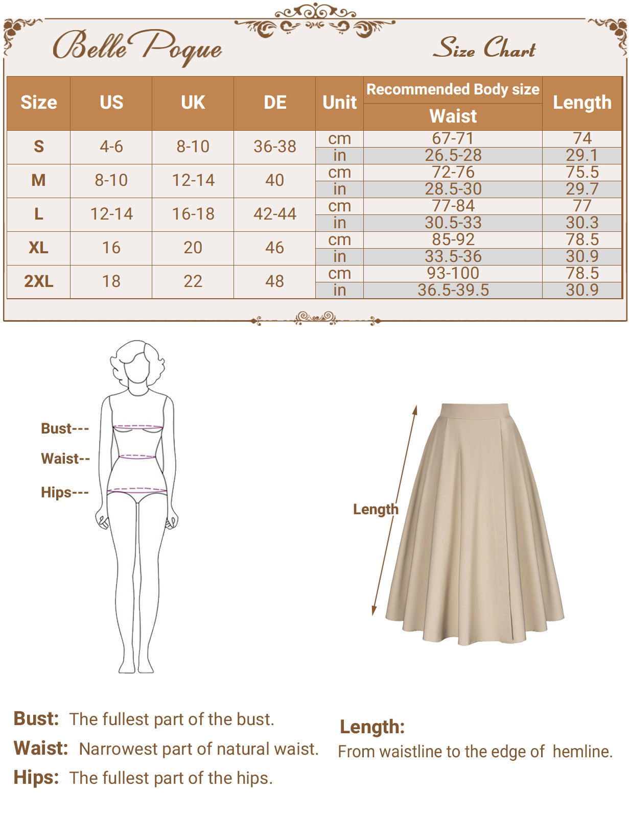 belle poque Vintage Skirts with Side Slit High Waisted Midi A-Line Flowy Skirts with Pockets