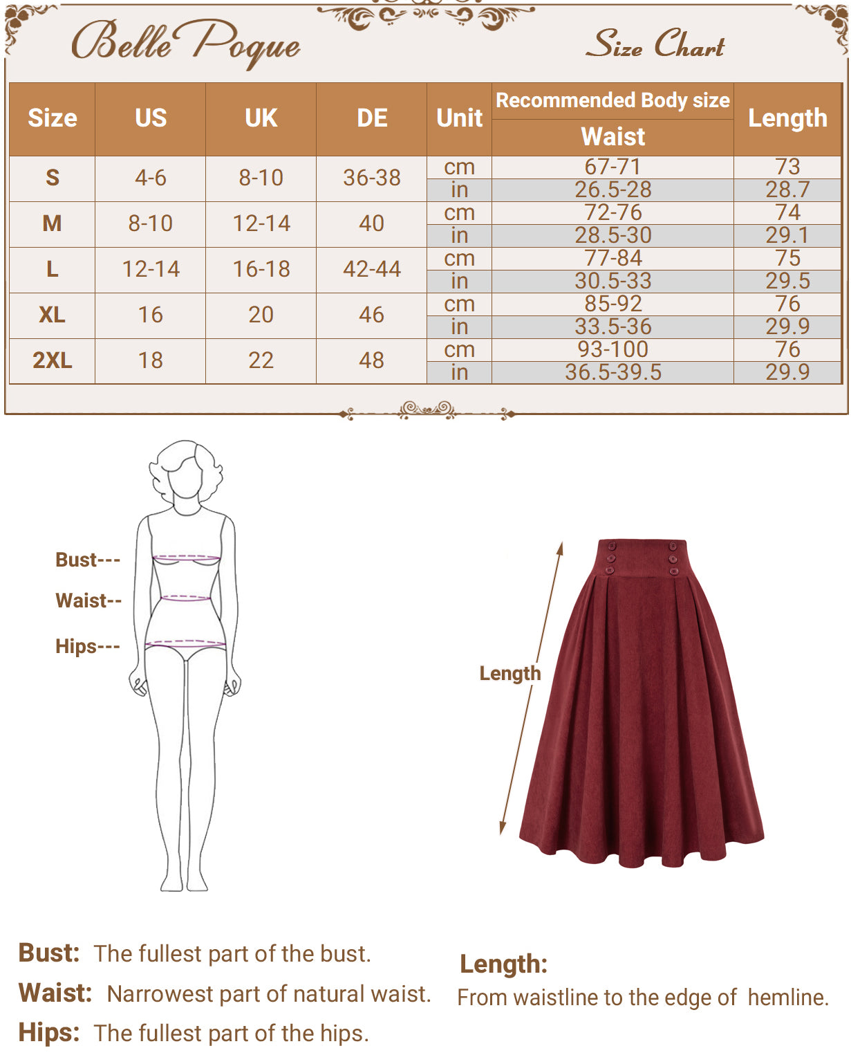 belle poque Vintage Corduroy Skirt Elastic High Waist Buttons Decorated Swing Skirt with Pockets