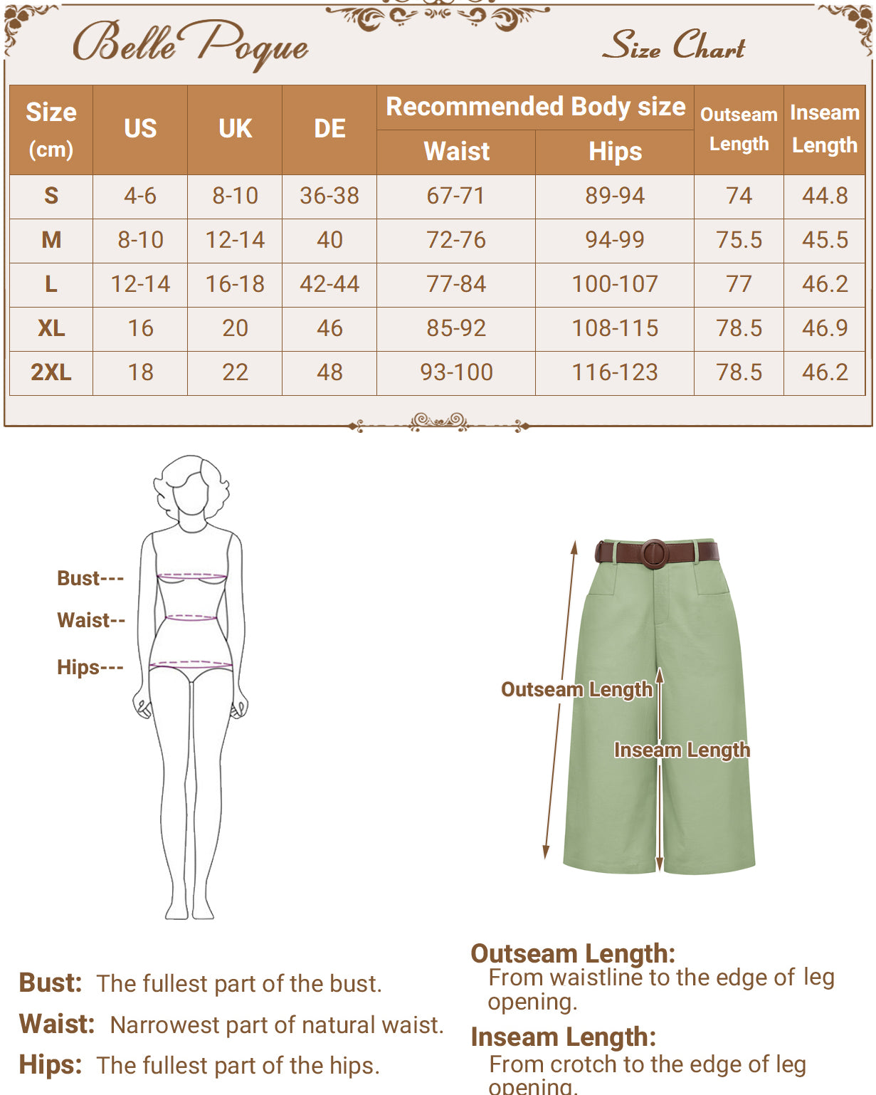 belle poque Casual Capris Summer High Wiasted Wide Leg Capris with Pockets & Belt