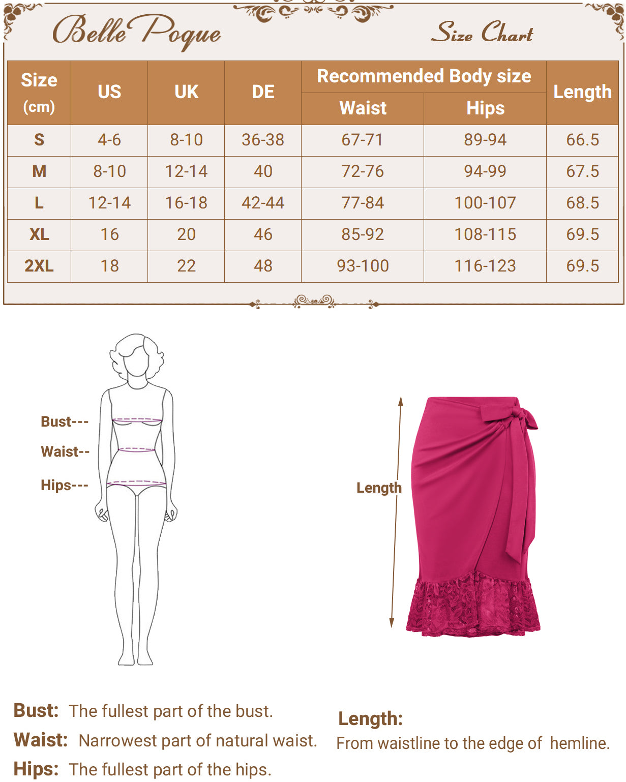 belle poque Pencil Skirt for Women 1950s Vintage Lace Hem Bodycon Skirt with Bow Tie