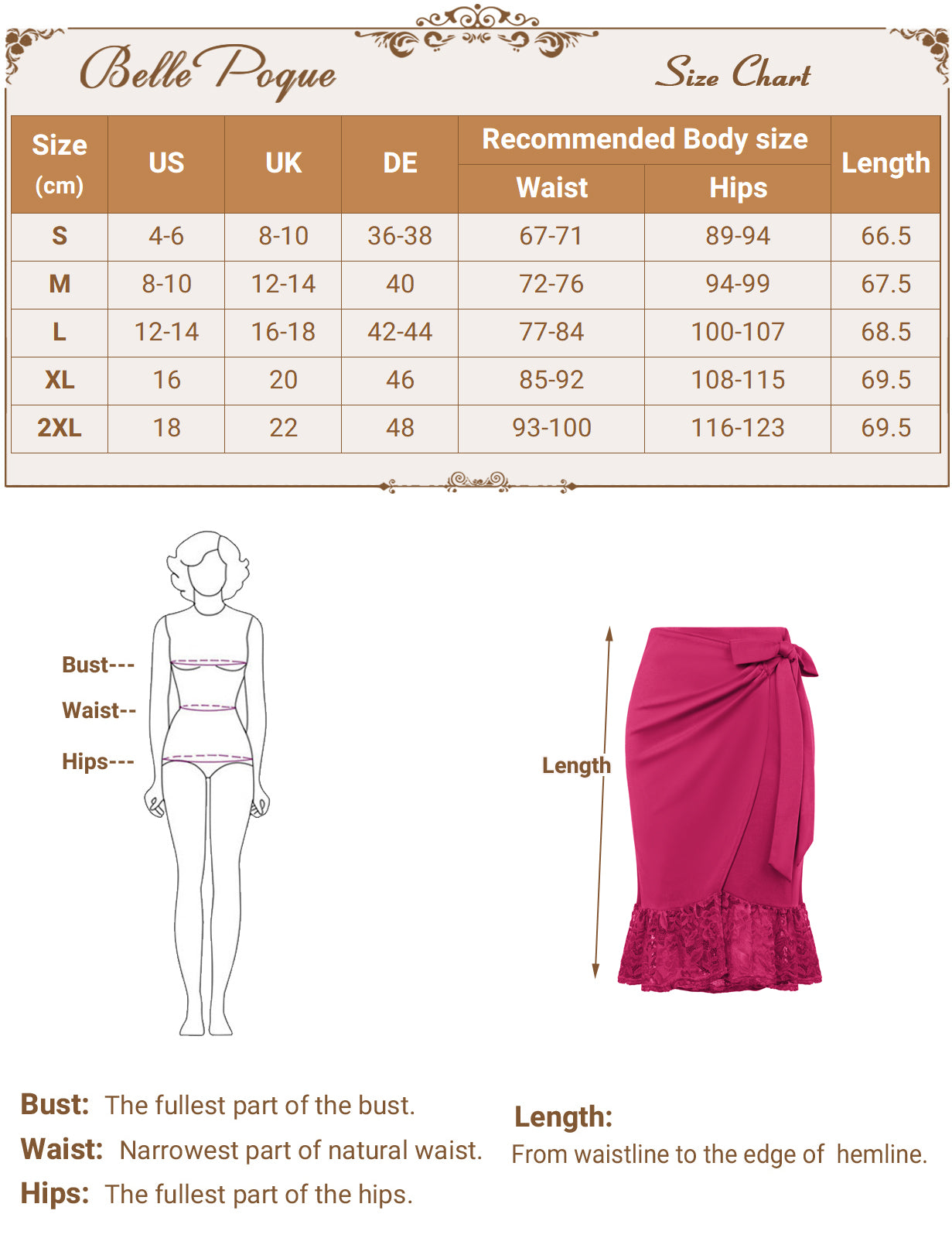 belle poque Pencil Skirt for Women 1950s Vintage Lace Hem Bodycon Skirt with Bow Tie