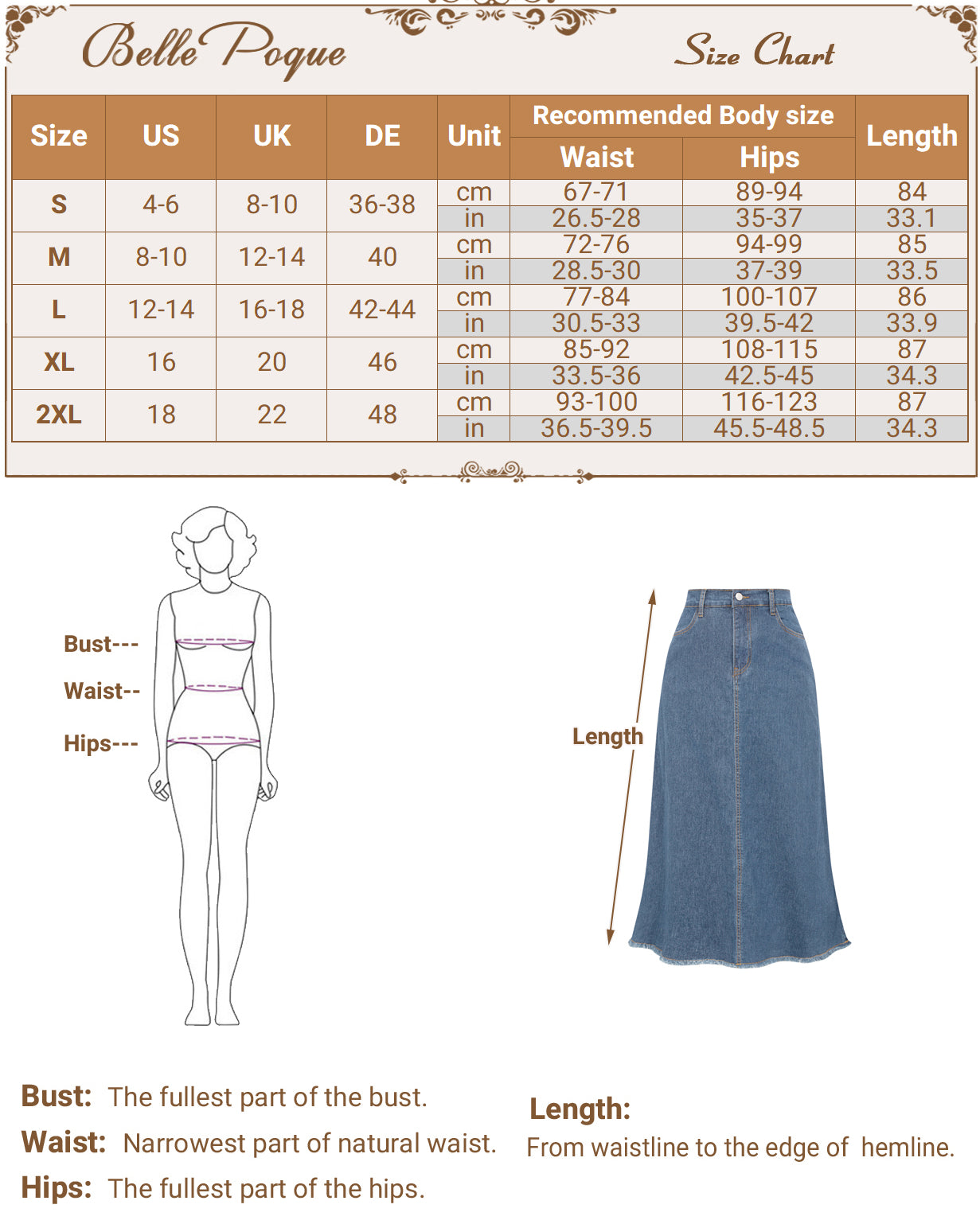 belle poque Multi-Pocket Jean Skirt Elastic High Waist Raw Hem Midi A-Line Skirt
