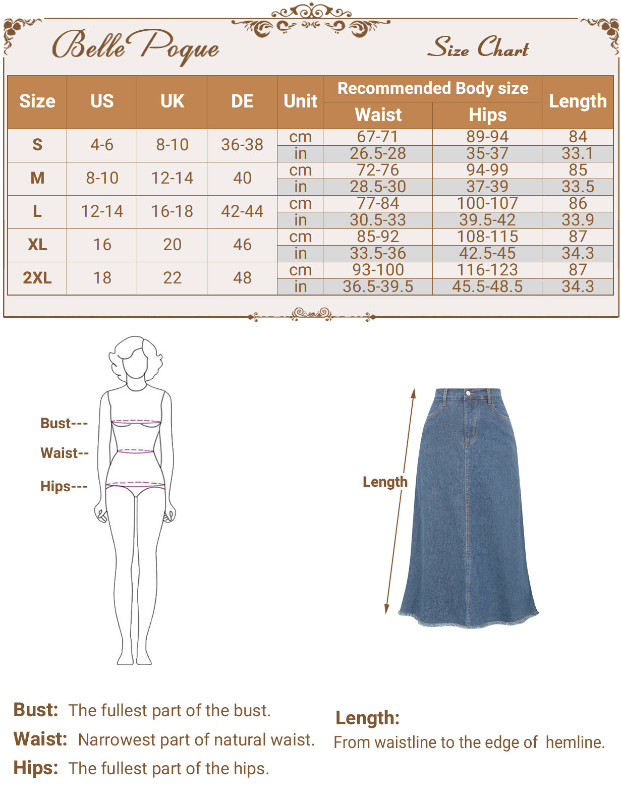 belle poque Multi-Pocket Jean Skirt Elastic High Waist Raw Hem Midi A-Line Skirt