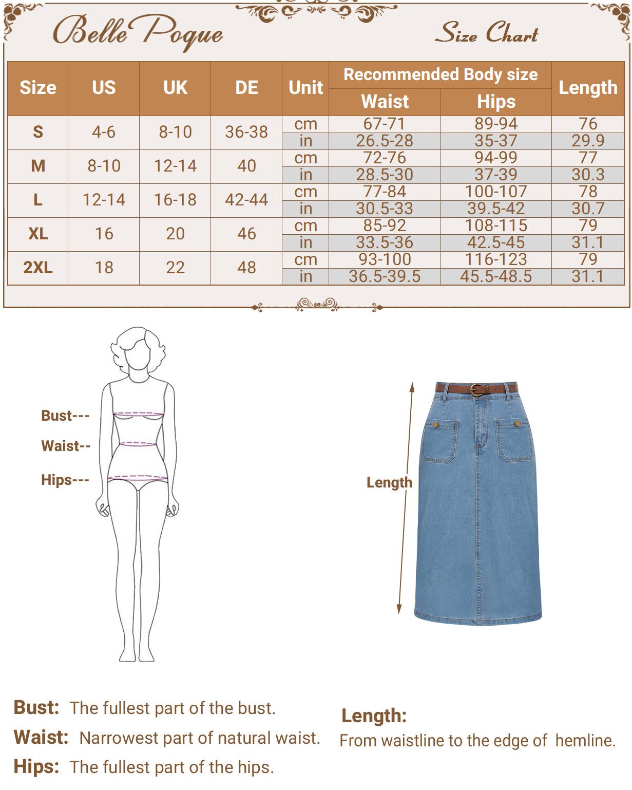 belle poque Denim Skirt with Belt Knee Length High Waisted Jean Skirts for Women