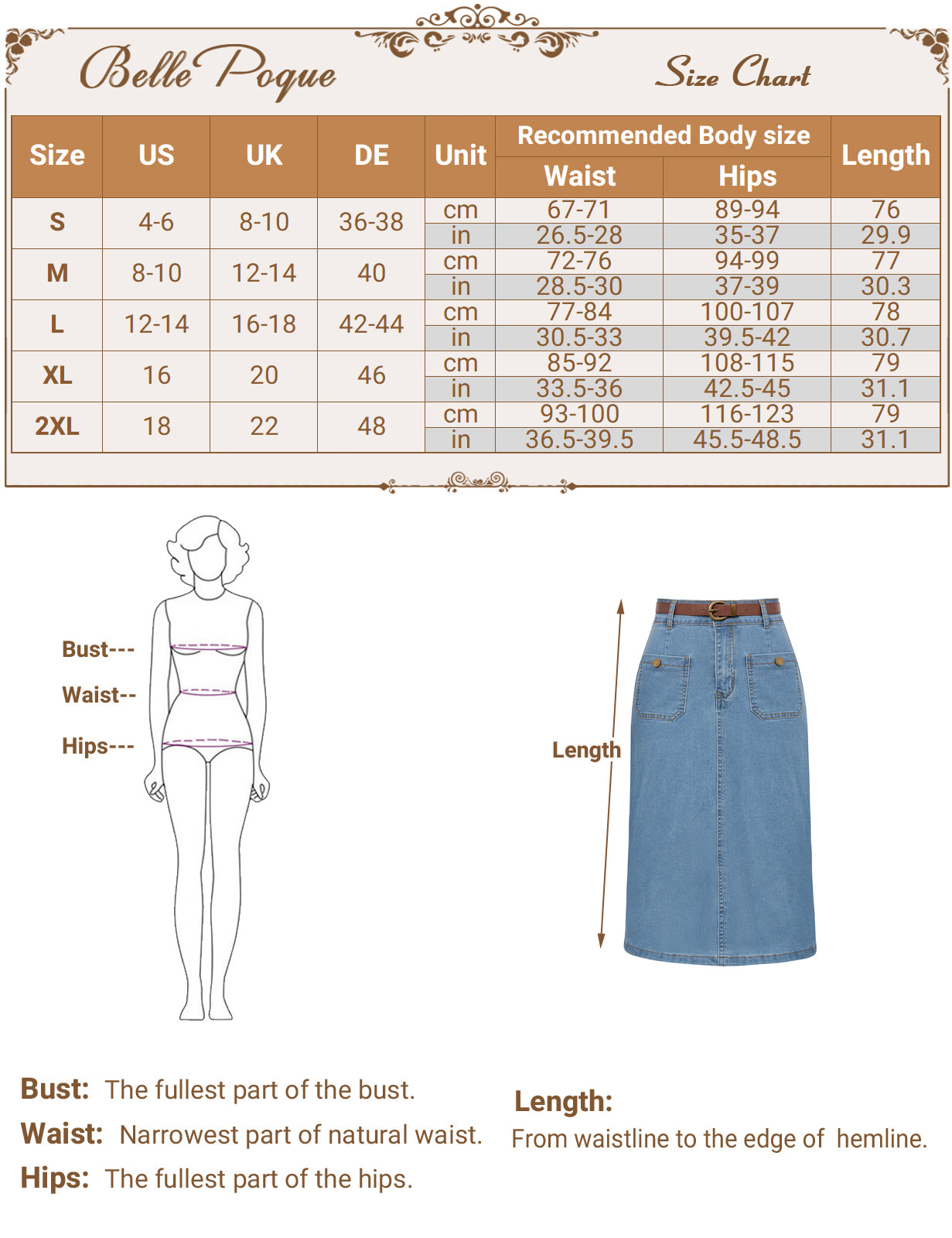 belle poque Denim Skirt with Belt Knee Length High Waisted Jean Skirts for Women