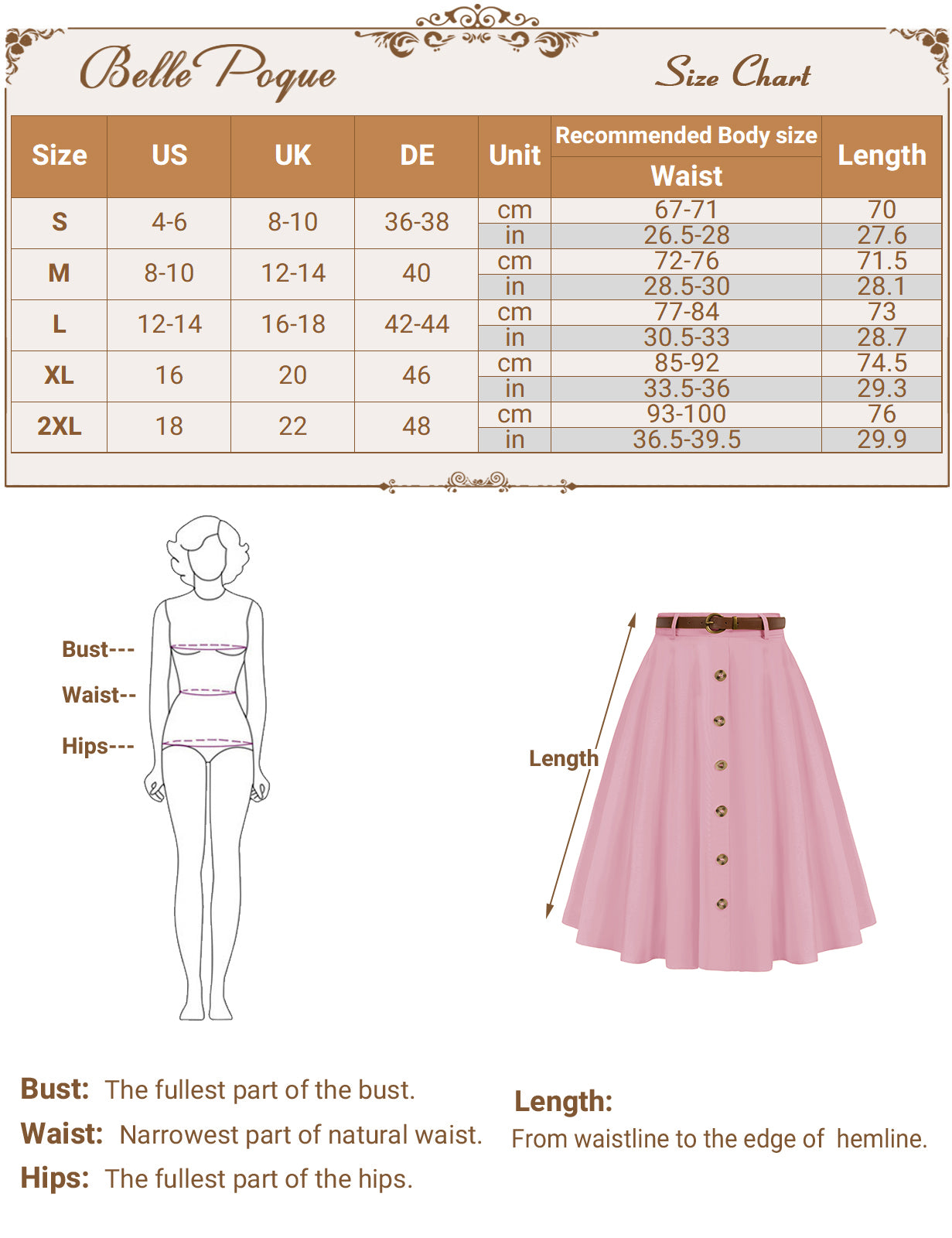 belle poque Swing Skirt with Belt Elastic High Waist Buttons Decorated Skirt