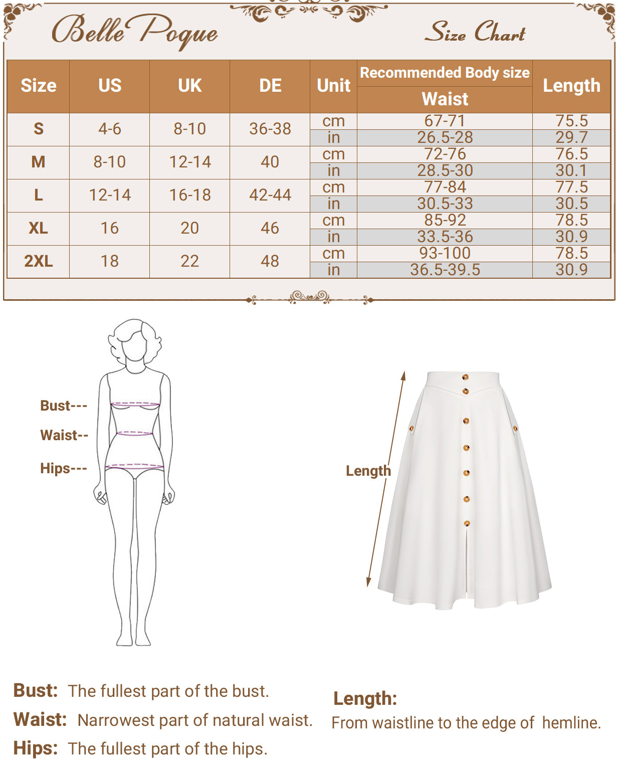 belle poque Vintage Front Slit Swing Skirt High Waist Buttons Decorated Skirt