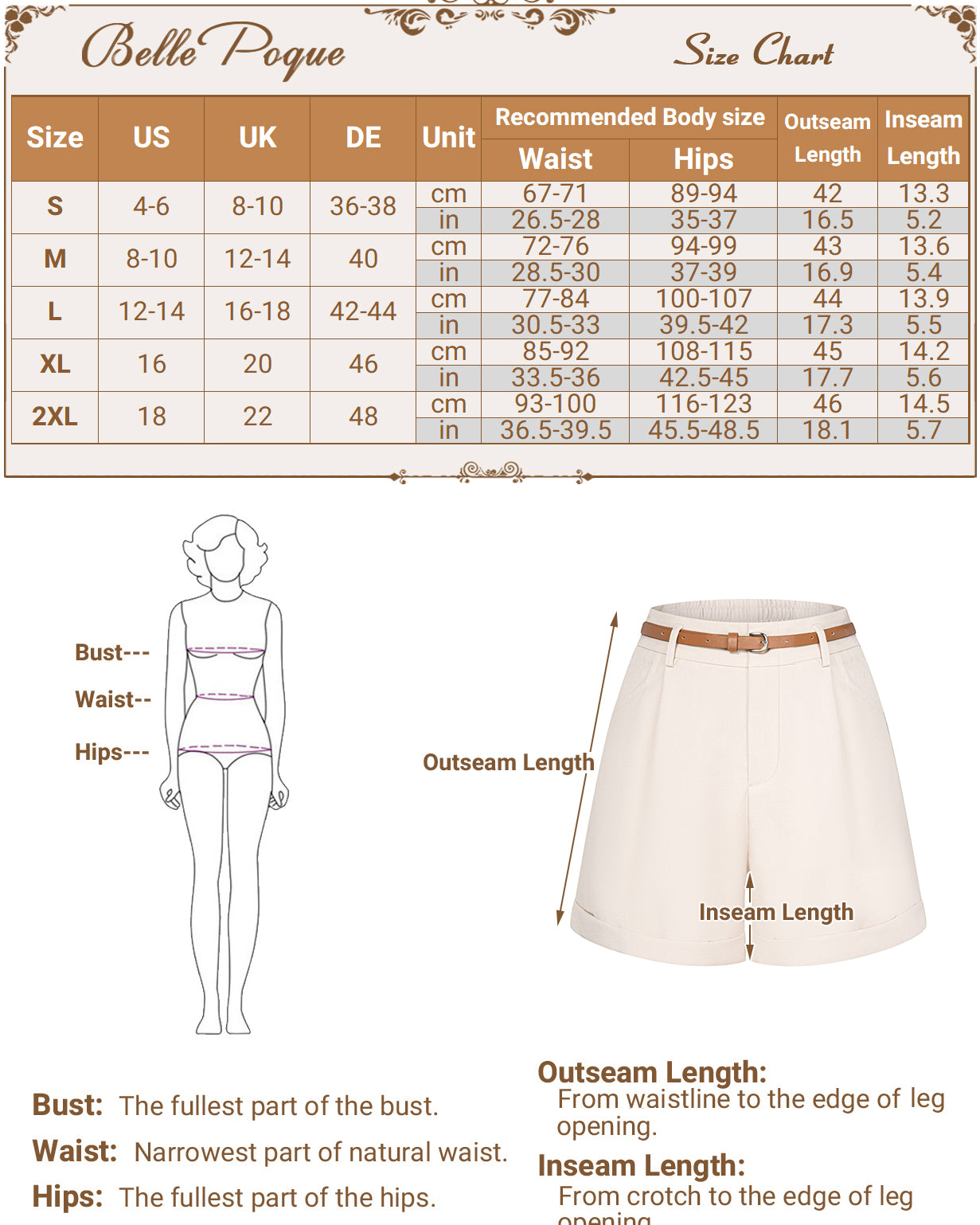 belle poque BP Women Vintage Shorts with Belt Elastic Waist Fold-up Leg Opening Short Pants