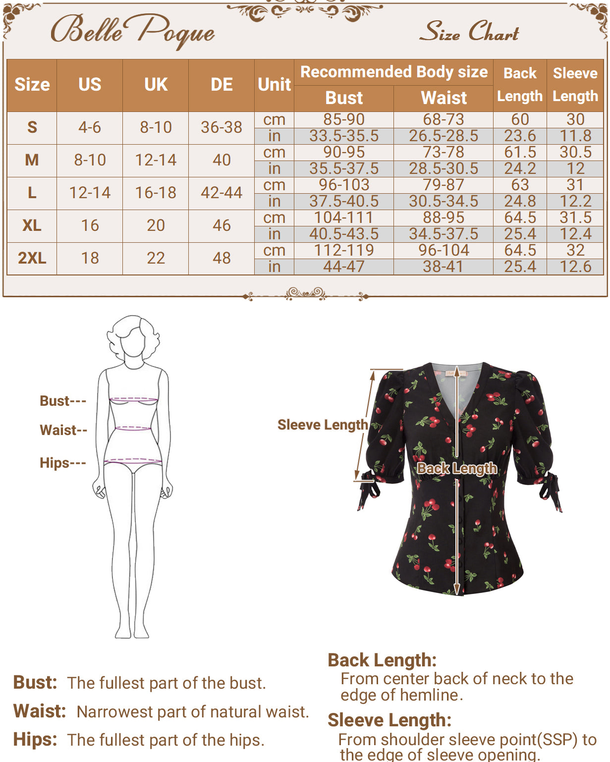 belle poque Cherries Pattern Short Puff Sleeves V-Neck Button Placket Blouse