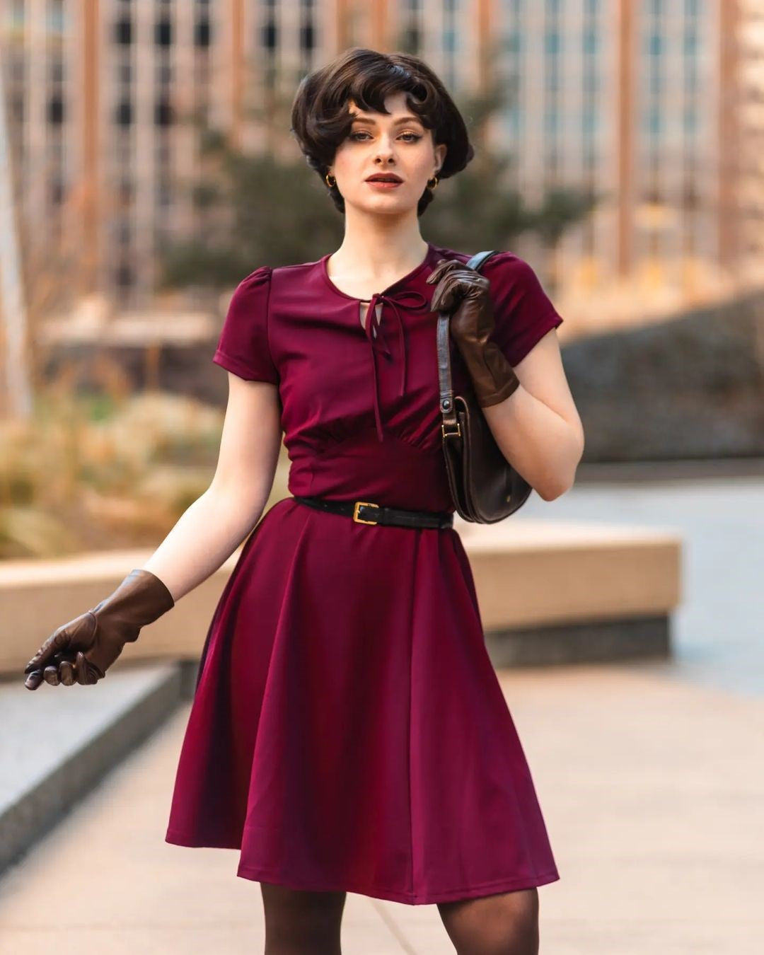 belle poque Vintage A-Line Swing Dress Keyhole Tie Dress Round Neck Work Dress Tea Dress