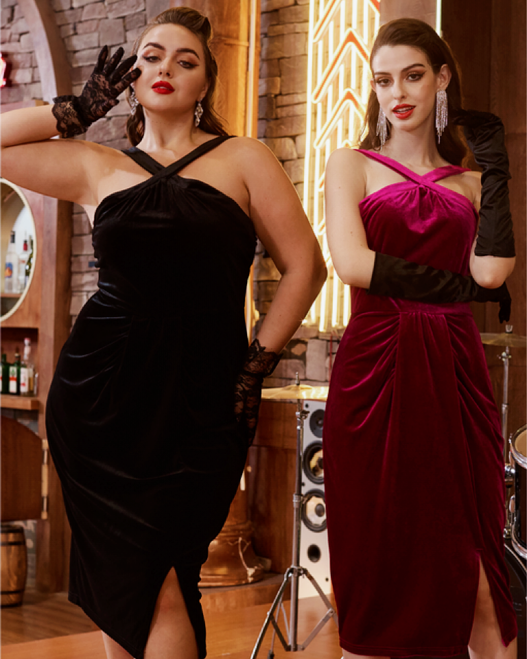 belle poque Vintage Front Slit Velvet Dress Halterneck Ruched Bodycon Dress