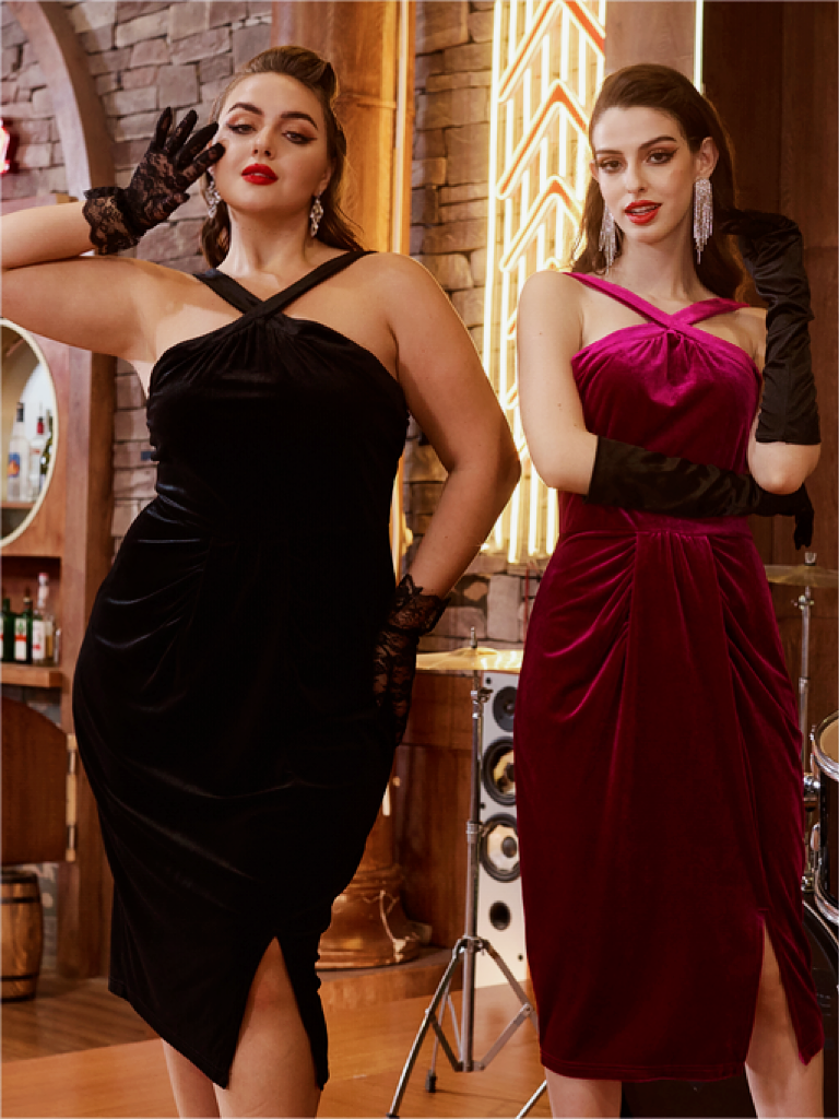 belle poque Vintage Front Slit Velvet Dress Halterneck Ruched Bodycon Dress