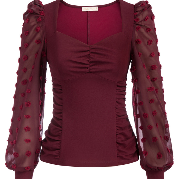 belle poque Seckill Offer⌛Vintage See-Through Patchwork Puffed Long Sleeve V-Neck Blouse Wine Red