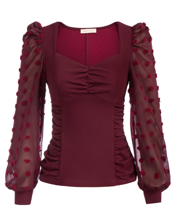 belle poque Seckill Offer⌛Vintage See-Through Patchwork Puffed Long Sleeve V-Neck Blouse Wine Red