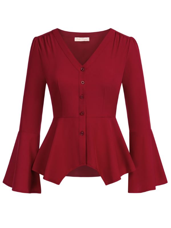 belle poque Seckill Offer⌛Vintage Peplum Button Down Blouse Long Bell Sleeve V Neck Shirts Dressy Formal Tops Wine