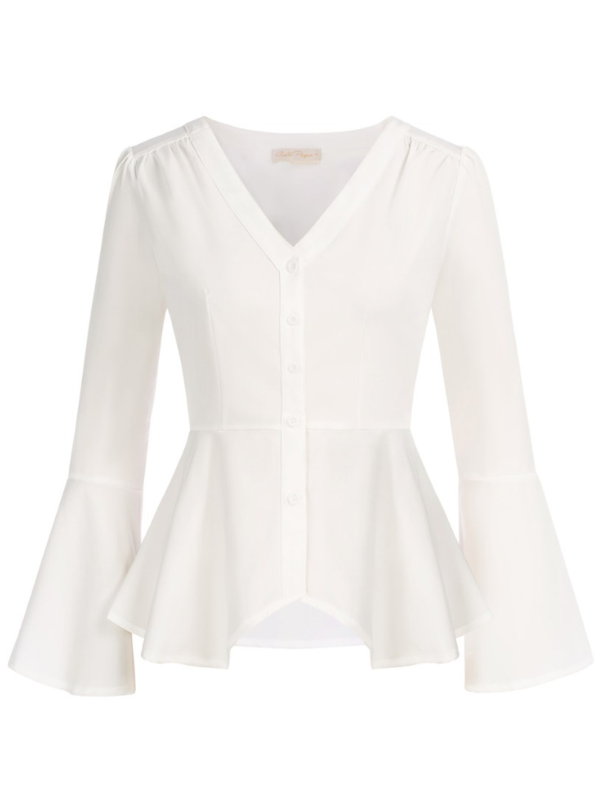 belle poque Seckill Offer⌛Vintage Peplum Button Down Blouse Long Bell Sleeve V Neck Shirts Dressy Formal Tops White