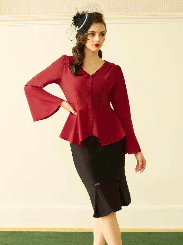 belle poque Seckill Offer⌛Vintage Peplum Button Down Blouse Long Bell Sleeve V Neck Shirts Dressy Formal Tops