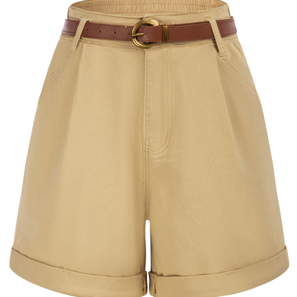 belle poque Bermuda Shorts Elastic Waist Wide Leg Shorts with Pockets & Belts Light Yellow