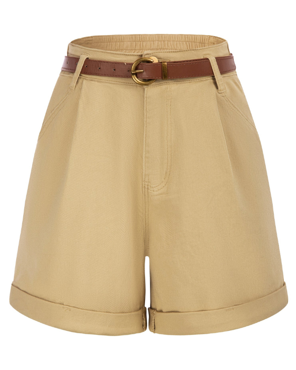 belle poque Bermuda Shorts Elastic Waist Wide Leg Shorts with Pockets & Belts Light Yellow