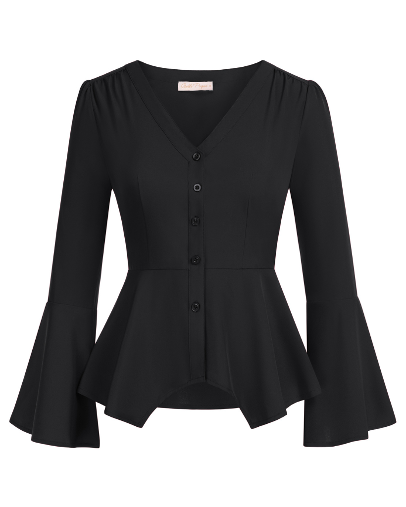 belle poque Seckill Offer⌛Vintage Peplum Button Down Blouse Long Bell Sleeve V Neck Shirts Dressy Formal Tops Black
