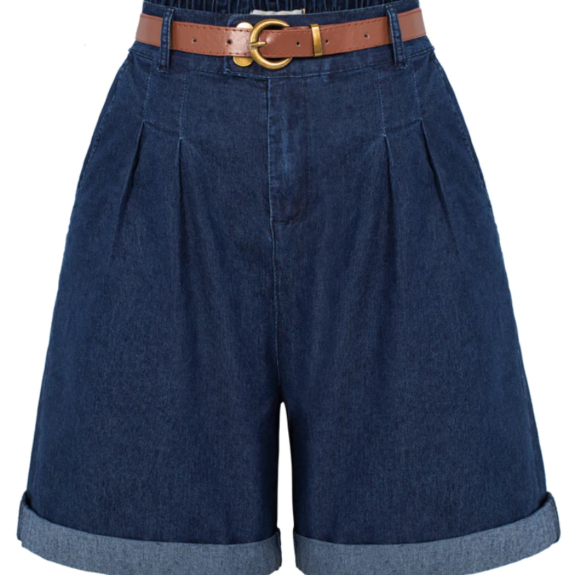 belle poque Elastic Waist Fold-up Leg Opening Short Jeans Dark Blue