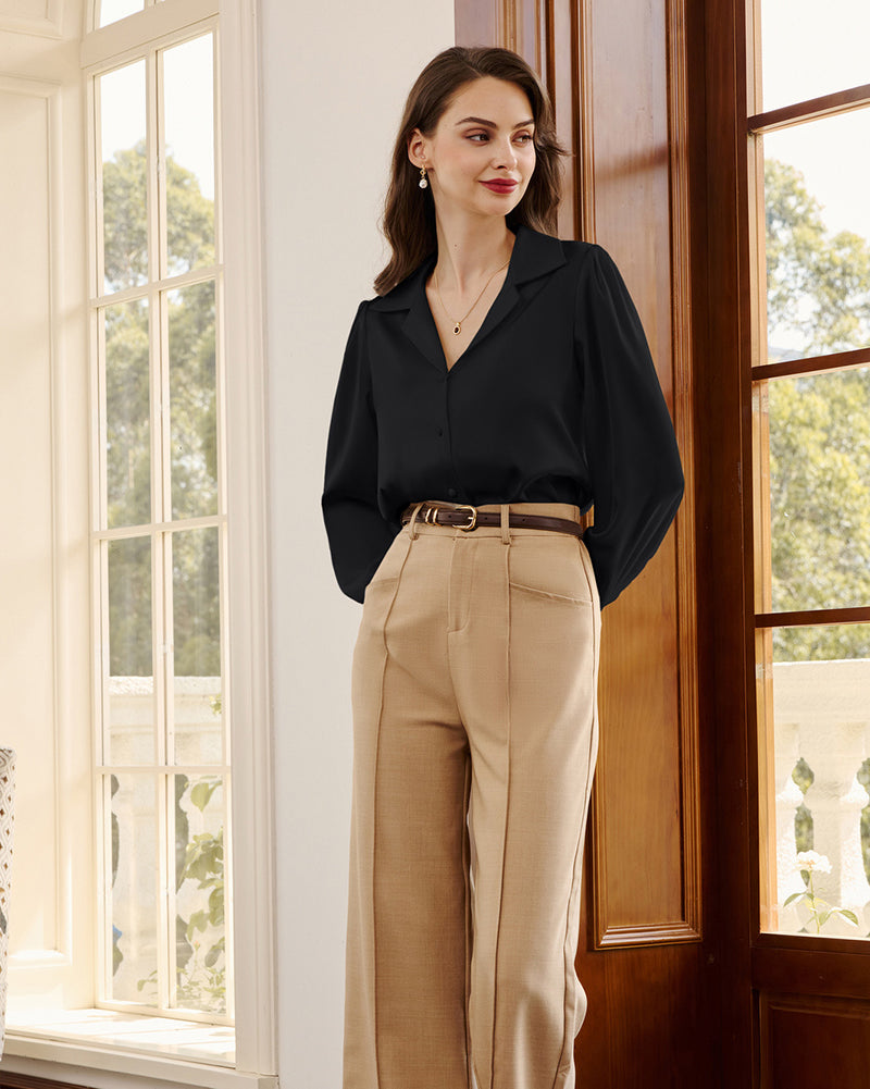 belle poque Women Vintage Shirt OL Long Sleeve Lapel Collar V-Neck Button-up Tops